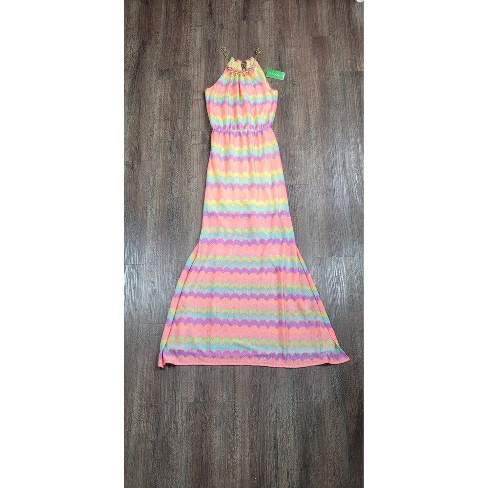Lilly Pulitzer Inna Maxi Dress S Pastel Chevron Gauze Gold Chain Halter NWT $218